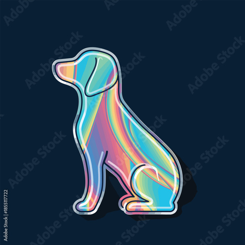 A vibrant, stylized illustration of a dog with a shimmering, iridescent coat, set against a deep blue background