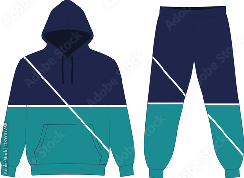 Hoodie, sweatpants, diagonal stripe, navy, teal, fashion, sketch, front, back, silhouette, posture, gesture, setup, vector, black, pose, flavector, minimal, garment, technical, cad drawing flat vector