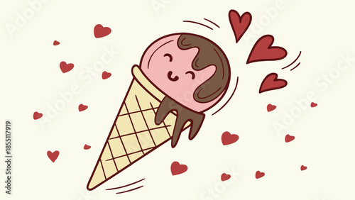 Delighted cartoon ice cream cone with happy face and hearts