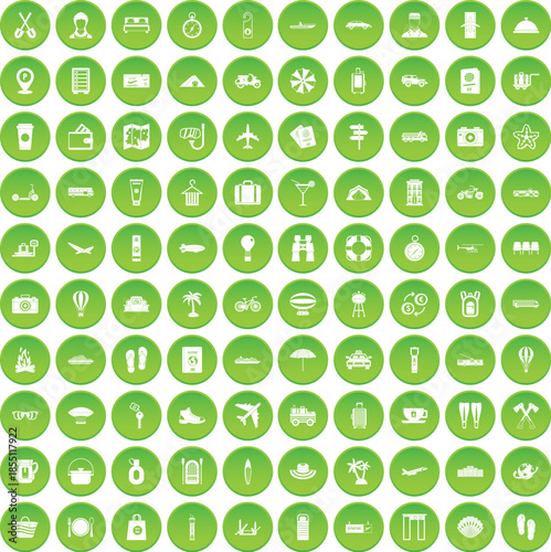 100 travel icons set green circle