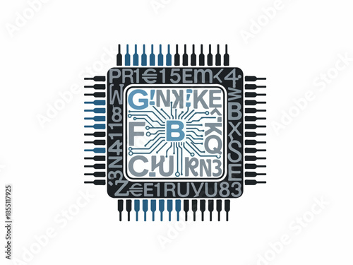Creative graphic design illustrating a circuit board or a microchip with digital code and encryption