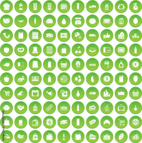 100 supermarket icons set green circle