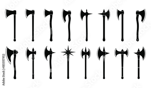 Set of black silhouettes of battle axes, medieval warrior weapons collection for design isolated on a white background