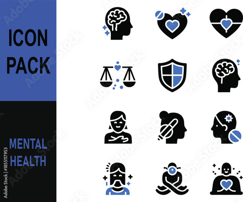 Mental Health Icon Pack: A collection of symbols representing psychological well-being, brain health, emotional balance, and self-care.