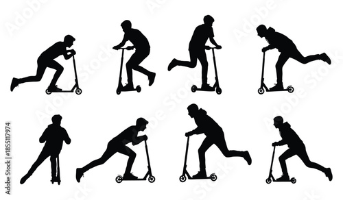 A dynamic collection of scooter riders silhouettes, showcasing various poses and movements in full black isolated on a clean white background