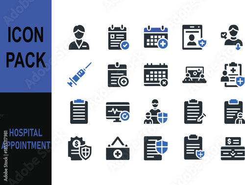 A collection of modern two-color icons representing hospital appointments, medical care, healthcare services, and patient management.