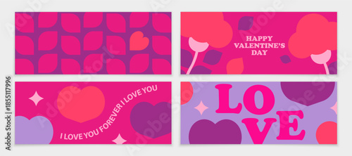 Bright Valentine's Day banner. Set of Valentine's Day banners. Love word, flowers, hearts on a pink background.