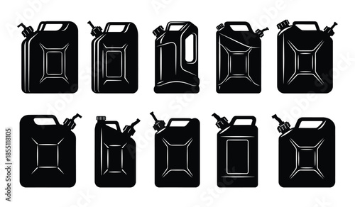 Canister vector set black and white silhouette collection of various fuel cans and jerrycans for storage design element
