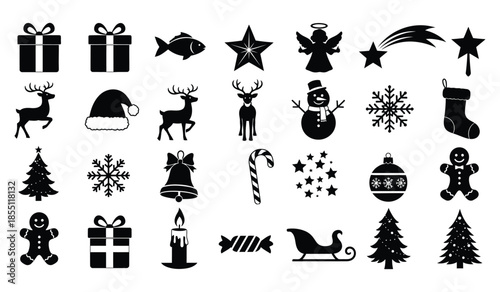 Christmas and winter holidays season black silhouette icon set including festive decorations animals and traditional elements collection