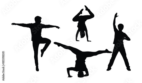 Collection of dancer silhouettes in dynamic and energetic poses, showcasing various acrobatic and contemporary dance movements in black and white