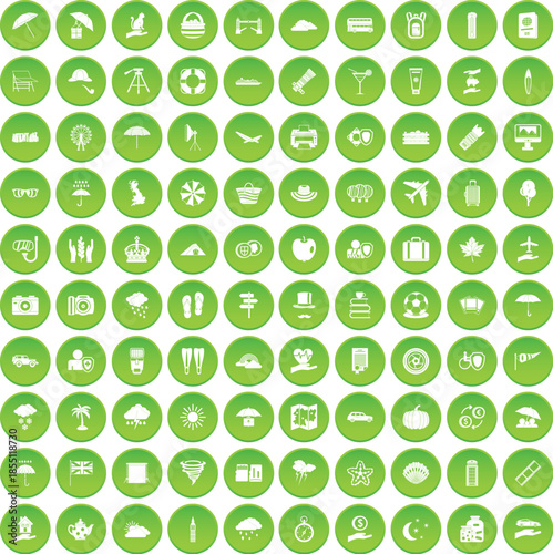 100 TV icons set green circle