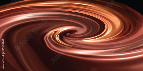 Dark chocolate background featuring a smooth liquid swirl and a red ribbon with flowing cocoa waves and a melted caramel texture for a delicious sweet dessert design