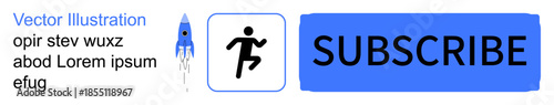 Online subscriptions, user engagement, digital marketing, website interfaces, video platforms, button design. Blue subscribe button with rocket and running person icon. Online subscriptions and user