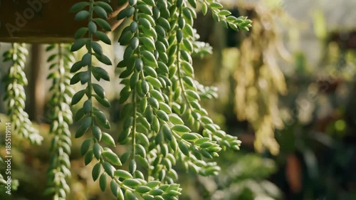Close Up of Hanging Green Ferny Leaves in Indoor Garden.