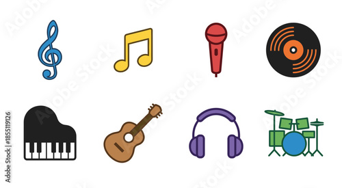 Musical instruments and audio equipment icons featuring clef note microphone vinyl record piano guitar headphones and drum set symbols