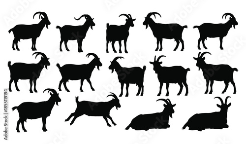 Goat silhouettes set in various poses including standing, walking, jumping, and resting farm animal collection