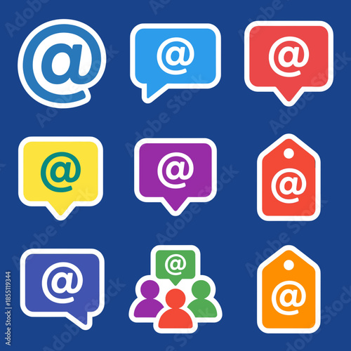 Social media mention and at symbol sticker set with colorful speech bubbles and user groups for online community and digital networking