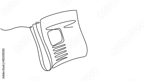 Animated self drawing of continuous line draw stack of news newspapers with cup of coffee.  Full length one line animation. 4K, newspaper continuous one line drawing animation