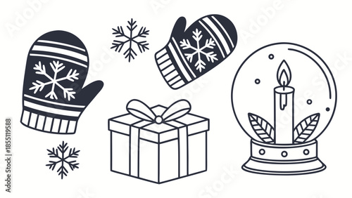 Cozy winter elements with mittens, gift, and snow globe