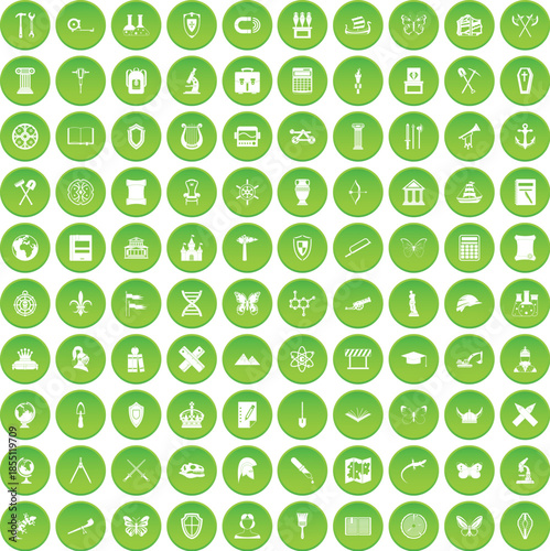 100 archeology icons set green circle