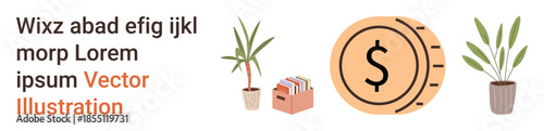 Financial planning, investment growth, eco-finance, money organization, budgeting, economic savings. Coin icon, potted plants file folders. Financial planning and investment growth visualization