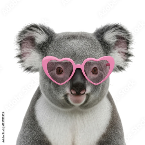 A charming koala wearing heart-shaped sunglasses, radiating cuteness and playfulness, invites smiles and evokes joy. png transparent background