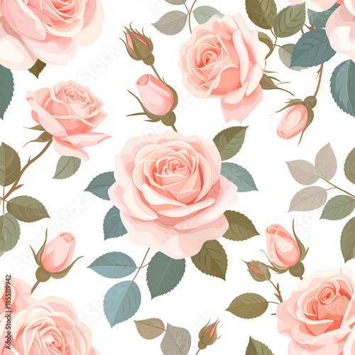 Floral Elegance: Soft pastel roses bloom in full splendor, interwoven with delicate buds and verdant leaves, creating an enchanting tapestry of natural beauty and romance. 