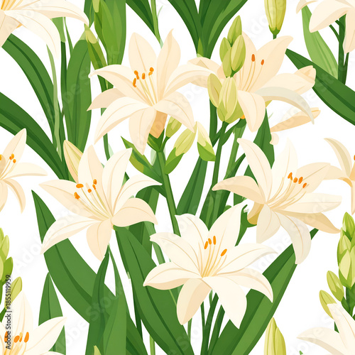 Ivory Blossom Embrace: a seamless illustration featuring an array of elegant ivory-colored lily blooms with verdant leaves and buds, creating a visually harmonious display of botanical beauty.