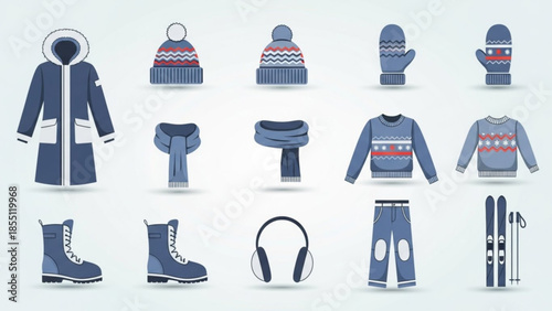 Winter Clothing Accessories Collection Flat Design Vector Illustration Isolated on White Background