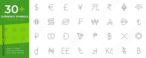 Currency symbols line icon set for global finance, crypto, and traditional money, featuring the dollar, euro, pound, bitcoin, and other common exchange symbols for business and banking interfaces.
