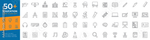 Education line icon set for academics, covering university, school, learning, graduation, science, math, classroom objects, and student essentials for presentations and educational app interfaces.