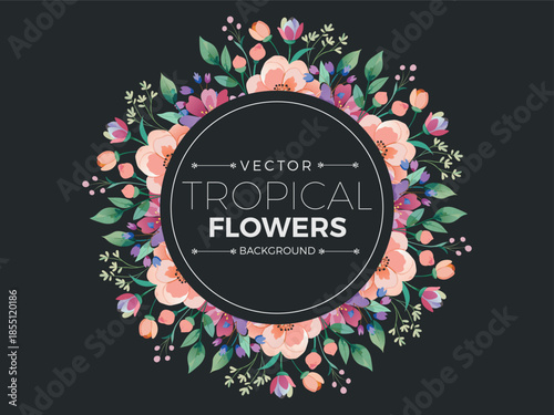 Beautiful watercolor tropical flower wreath background vector illustration with central text.