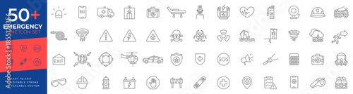 Emergency line icon set for safety, medical emergencies, rescue, natural disasters, first aid, security, and hazard alerts, featuring ambulance, fire, police, biohazard, earthquake, and safety gear.