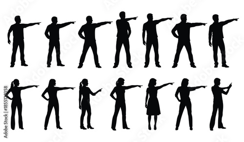 People pointing finger or hand gesture silhouette set, men and women showing direction, choosing or indicating something vector illustration isolated