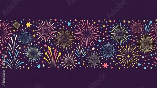 Vibrant Fireworks and Stars Seamless Border Pattern on Dark Purple Background