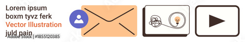 Communication, media, message delivery, creative ideas, media sharing, digital interaction. Envelope with user profile, lightbulb and play button. Communication and media usage