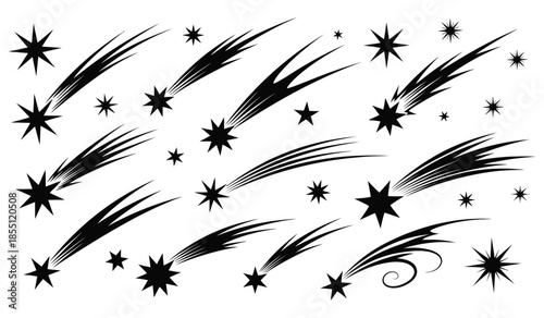 Set of black falling shooting stars with tails, cosmic elements vector illustration, celestial body space object design, galaxy meteor showers astronomy symbols isolated