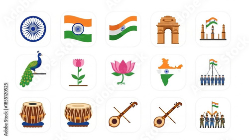 Indian National Symbols Flat Design Icon Set Isolated on White Background