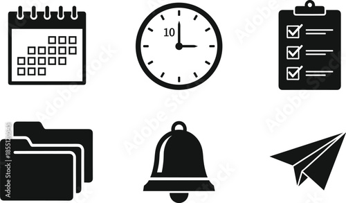 Productivity and organization icons featuring calendar, clock, clipboard checklist, file folders, notification bell, and paper airplane for time management and office design