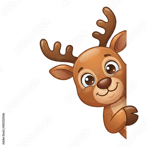 Playful reindeer peeking around corner isolated on transparent background