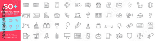 Event planning line icon set for organizing parties, weddings, appointments, and festive celebrations, featuring calendar, stage, invitations, food service, gift, microphone, and VIP access symbols.