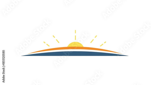 Rising Sun Logo Icon with Yellow Rays Over Horizon Line Isolated on White