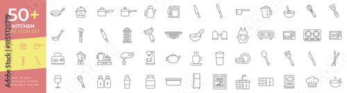 Kitchen line icon set for cooking, baking, food preparation, appliances, utensils, cutlery, glassware, and kitchen essentials, perfect for recipe apps, restaurant menus, and home decor websites.