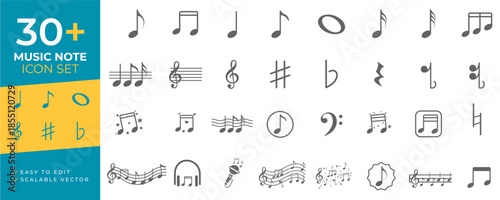 Music note icon set of scalable vector icons for musical notation, featuring sharp, treble and bass clefs, quarter, eighth, and sixteenth notes for educational and sheet music applications.