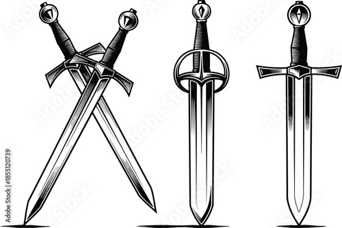 Stylized medieval sword illustrations in black and white, featuring ornate hilts, crossguards, and blades for fantasy, history, and design inspiration.