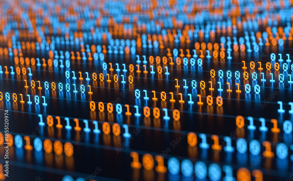 Obraz premium Bit and byte, binary code in a row, data processing, big data, datacenter, encryption. Computer network, data, blockchain, technology, machine learning, deep learning. 3D illustration