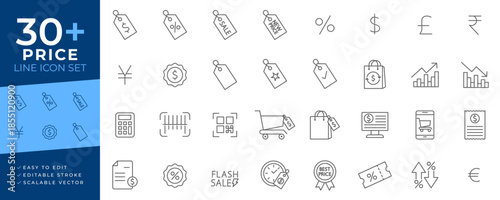 Price Line Icon Set for ecommerce, money, finance, retail, and sales, featuring tags, currency symbols, discount percentages, calculators, shopping bags, receipts, and market trend charts.