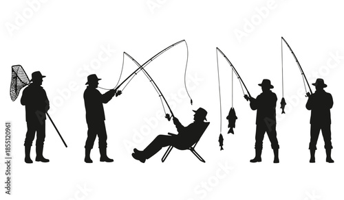 Set of black silhouette fishermen with fishing rods and nets in various poses, actively catching fish in outdoor setting