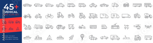 Vehicle line icon set for all modes of transportation, featuring cars, trucks, trains, boats, motorcycles, construction vehicles, and commercial delivery options for logistics and travel interfaces.
