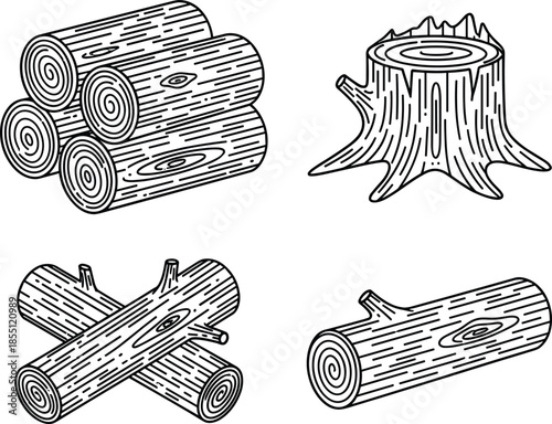 Black and white wood illustrations featuring logs, tree stump, crossed timber, and single branch log representing forestry, natural resources, and lumber industry